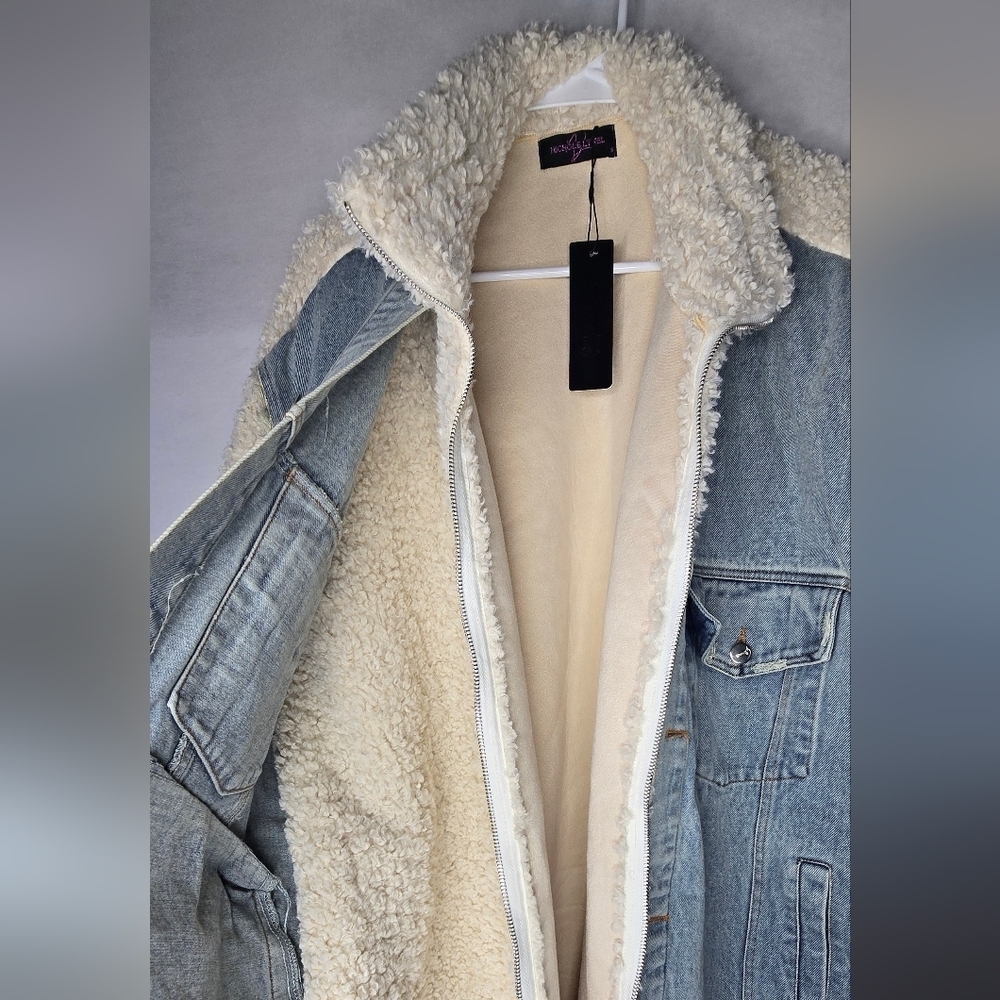 Nichole Lynel Size Small Long Sherpa Lined Denim Coat w/ Teddy Trim Jacket - Picture 6 of 13